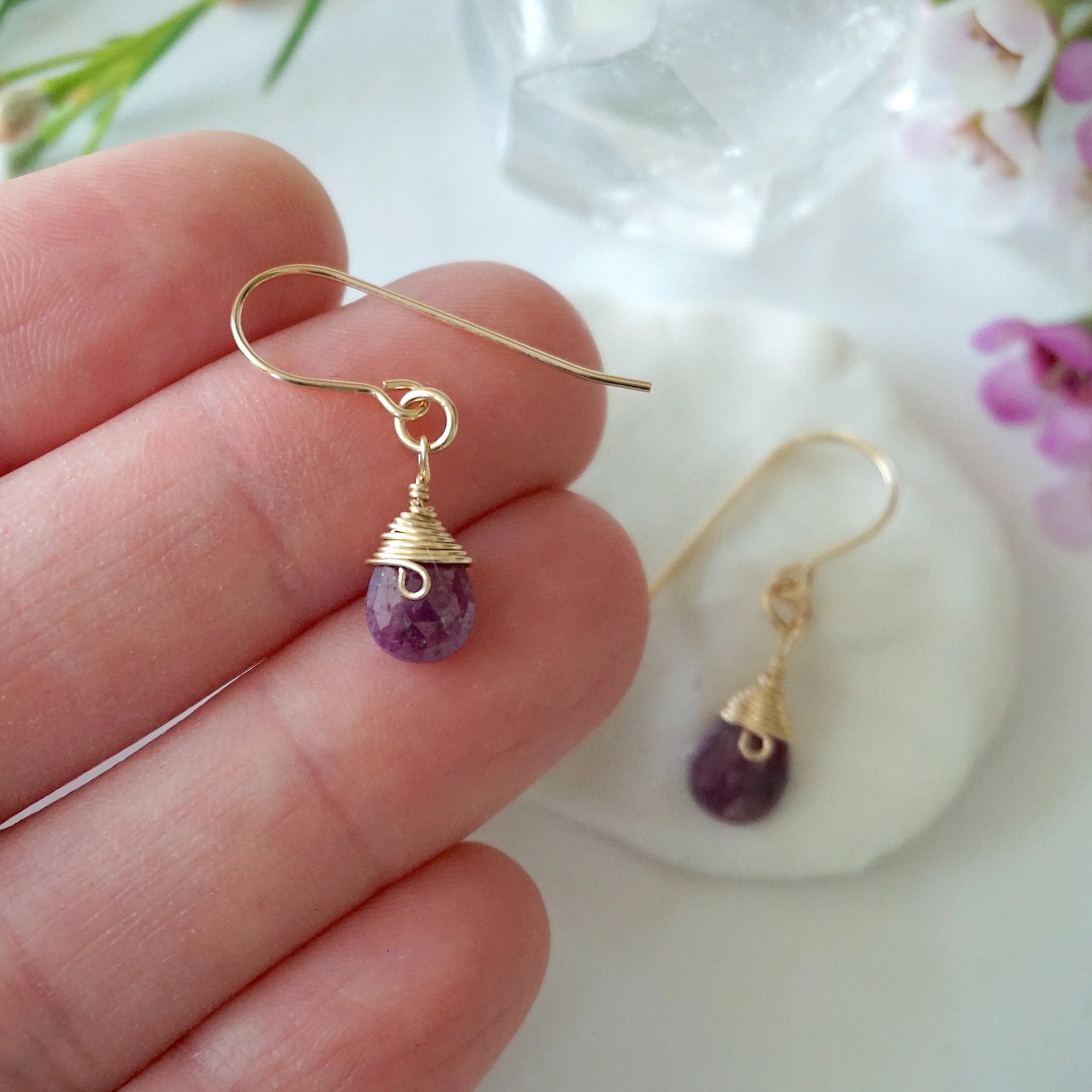 Ruby drop earrings in hand for size reference, genuine faceted ruby, 14k gold filled