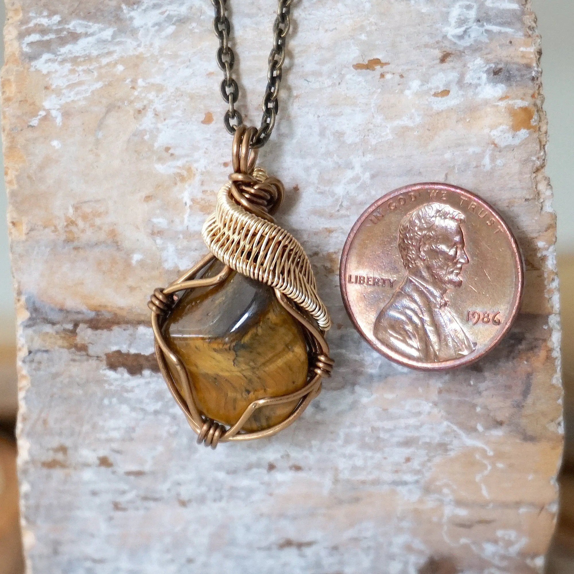Wire Wrapped Raw Tiger's Eye Pendant - Antique Bronze and Gold Plated DesignsbyNatureGems