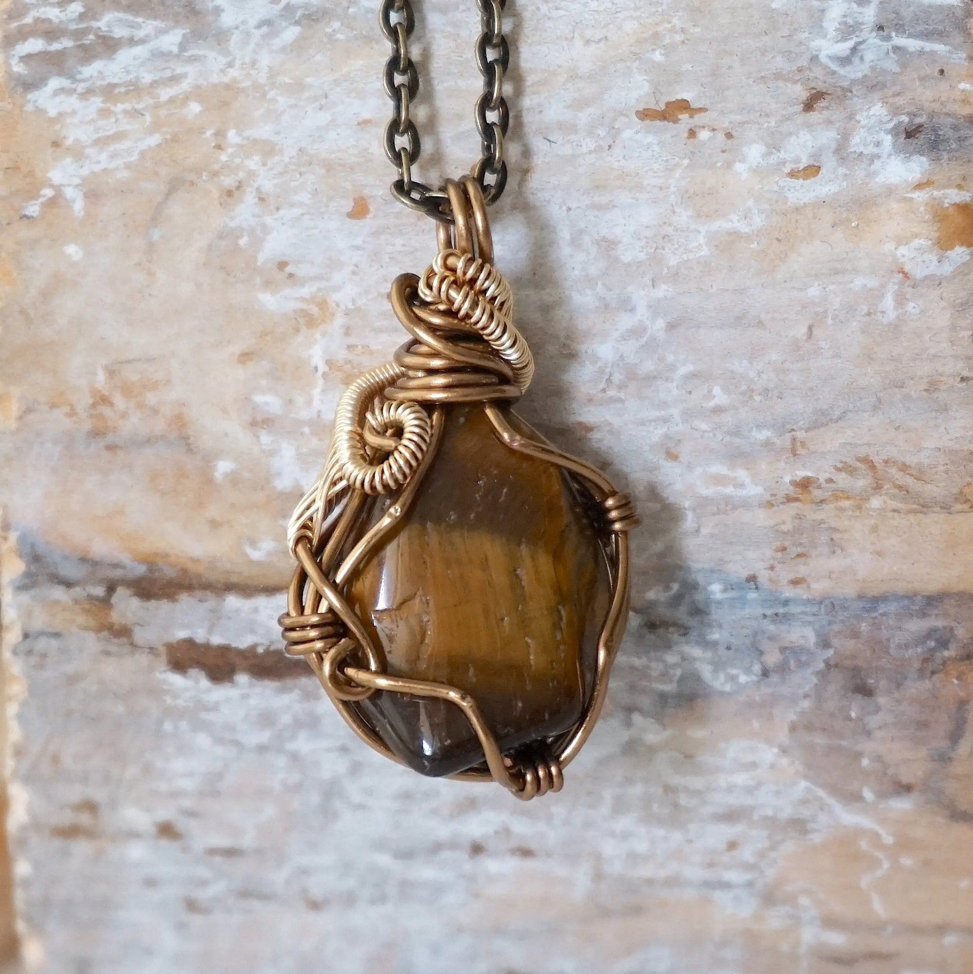 Wire Wrapped Raw Tiger's Eye Pendant - Antique Bronze and Gold Plated DesignsbyNatureGems