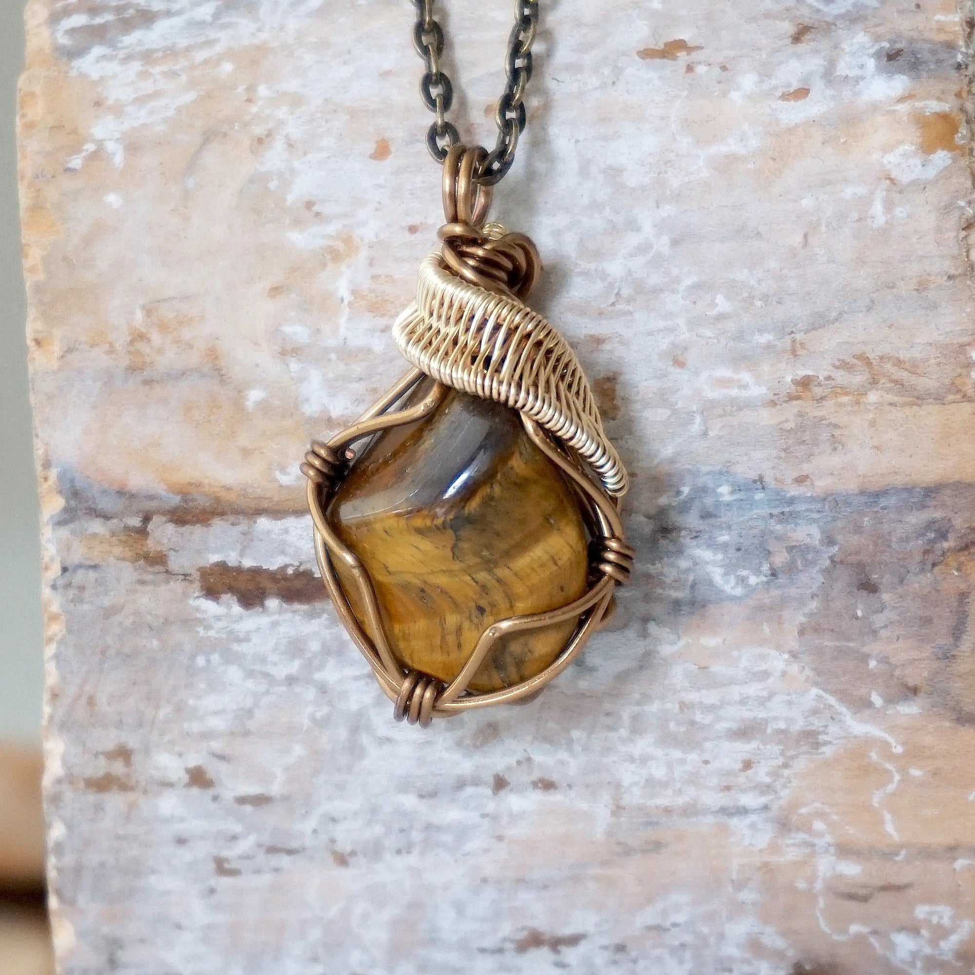 Wire Wrapped Raw Tiger's Eye Pendant - Antique Bronze and Gold Plated DesignsbyNatureGems