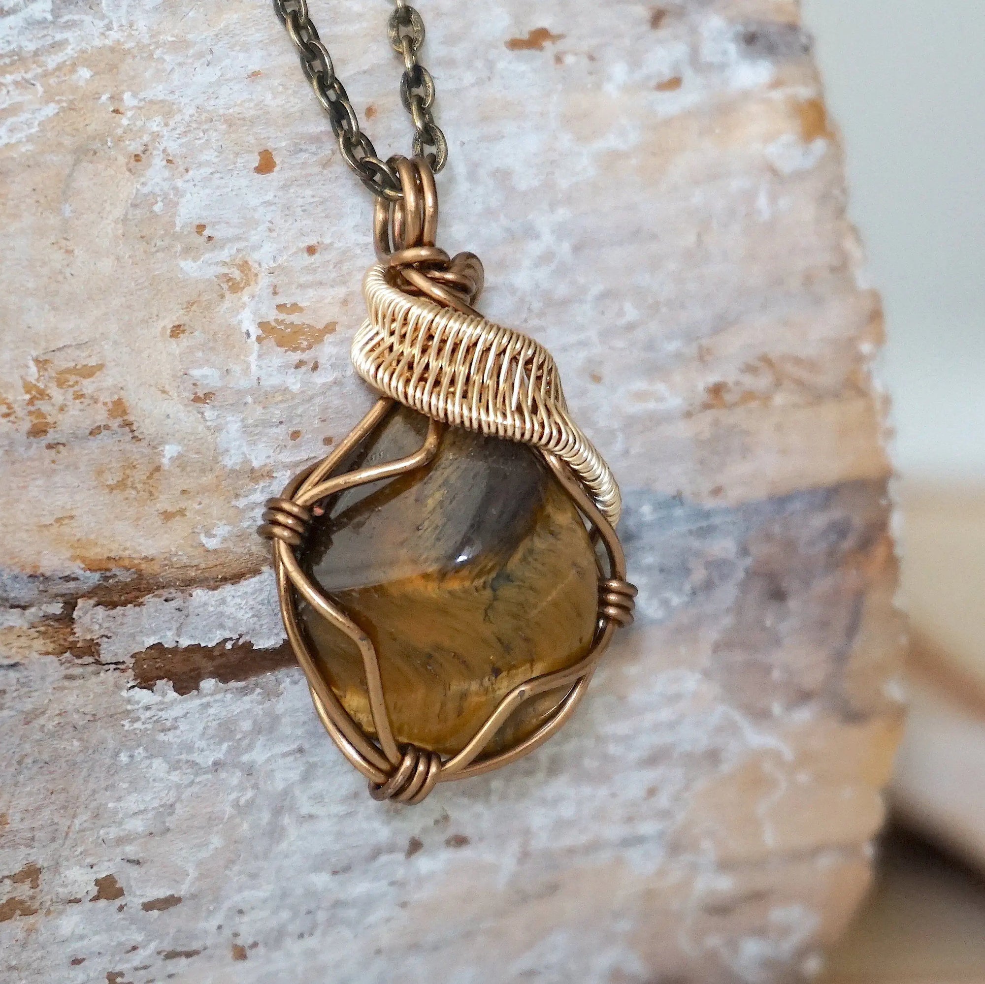 Wire Wrapped Raw Tiger's Eye Pendant - Antique Bronze and Gold Plated DesignsbyNatureGems
