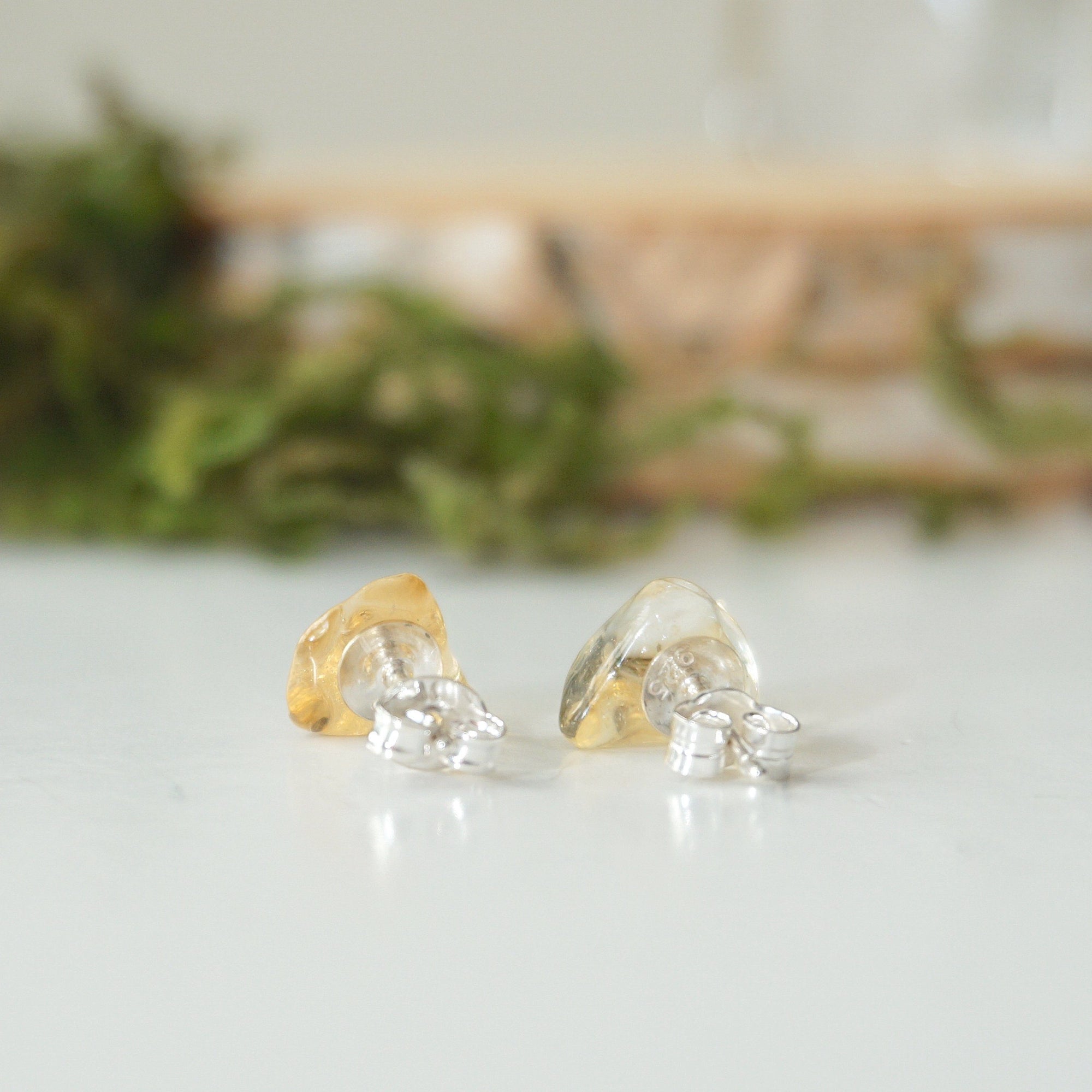 Sterling silver hypoallergenic posts and backs on citrine stud earrings - quality hardware detail
