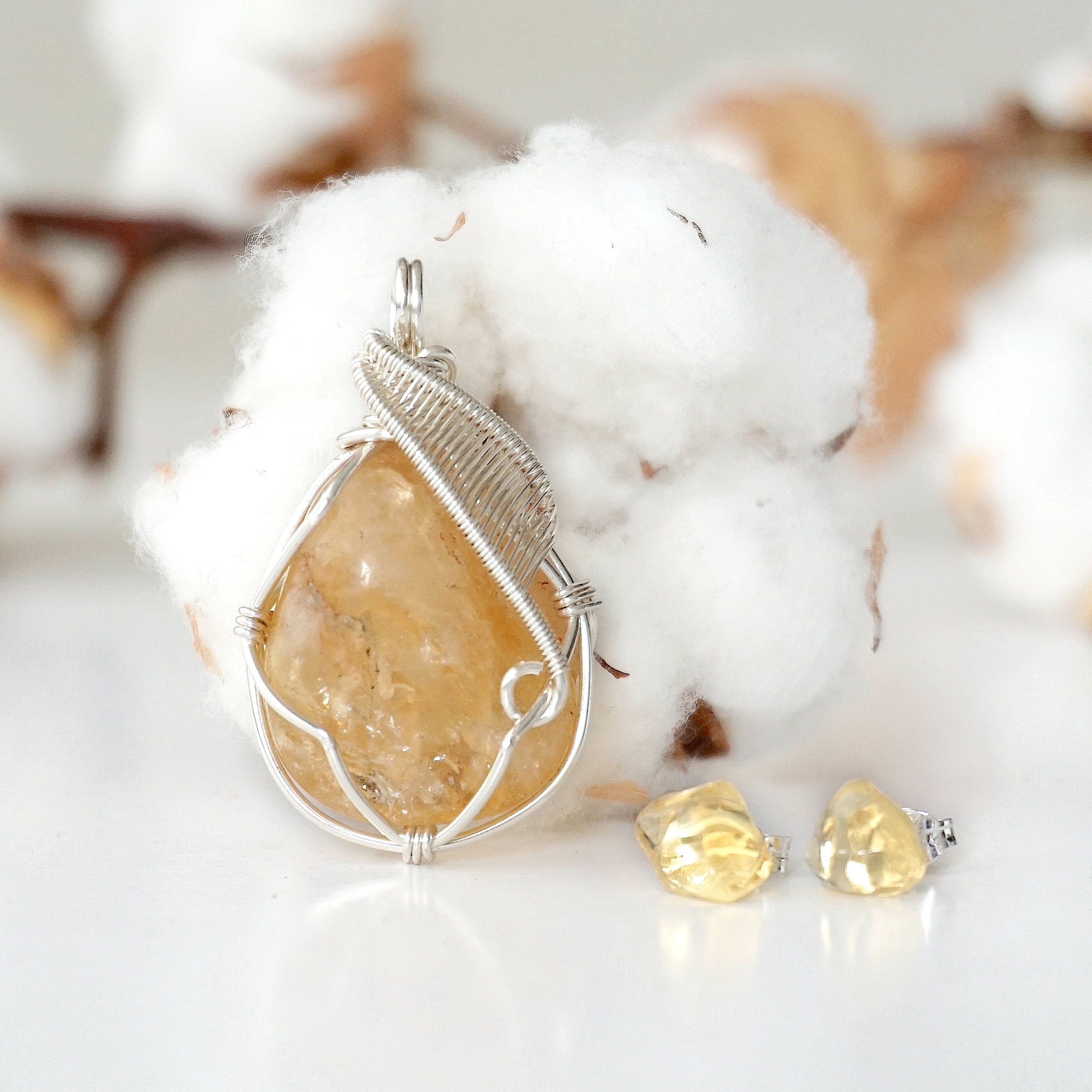 Citrine necklace and stud earrings set November birthstone jewelry gift for her - wire wrapped pendant with sterling silver studs
