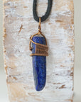 Handcrafted lapis lazuli point necklace for men, front view – artisan antique bronze copper wire wrapping, alternative September birthstone, natural crystal pendant.