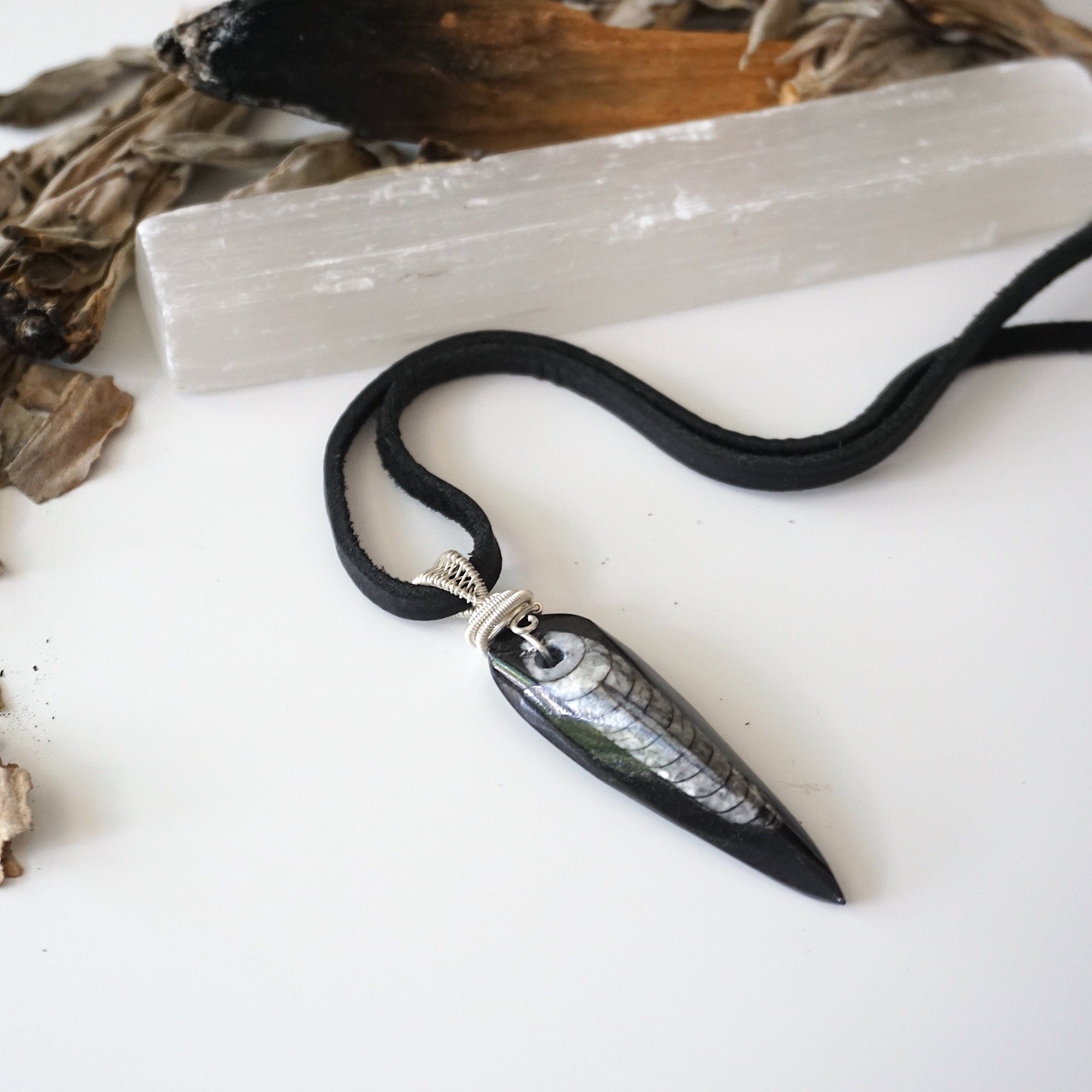 Handcrafted Orthoceras fossil necklace for men, laying flat on black leather cord – genuine ancient ocean fossil, minimalist 925 sterling silver wire wrapping.