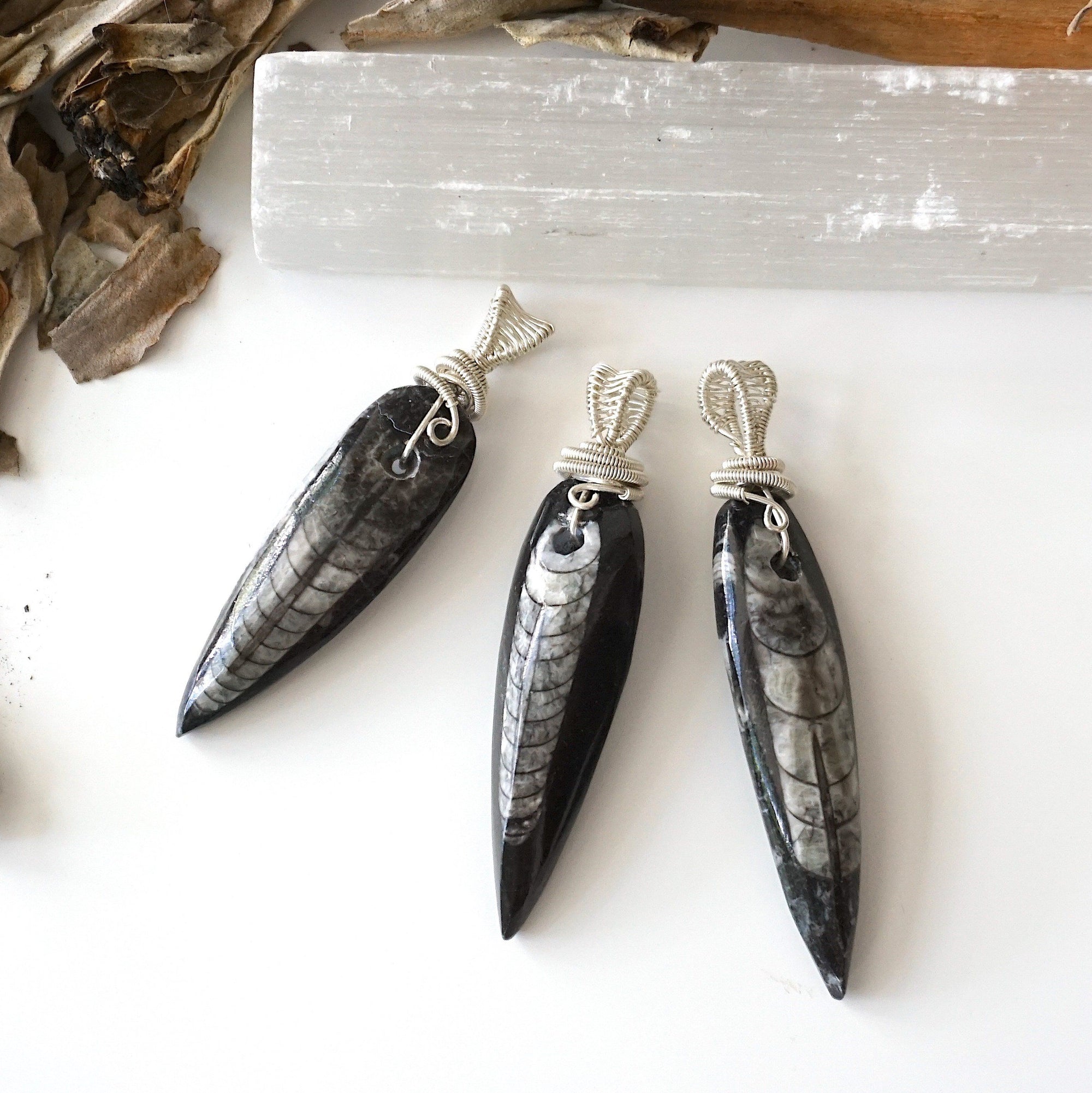 Three Orthoceras fossil pendants for men – showing natural variation in size, shape, and prehistoric pattern, 925 sterling silver wire wrapping.