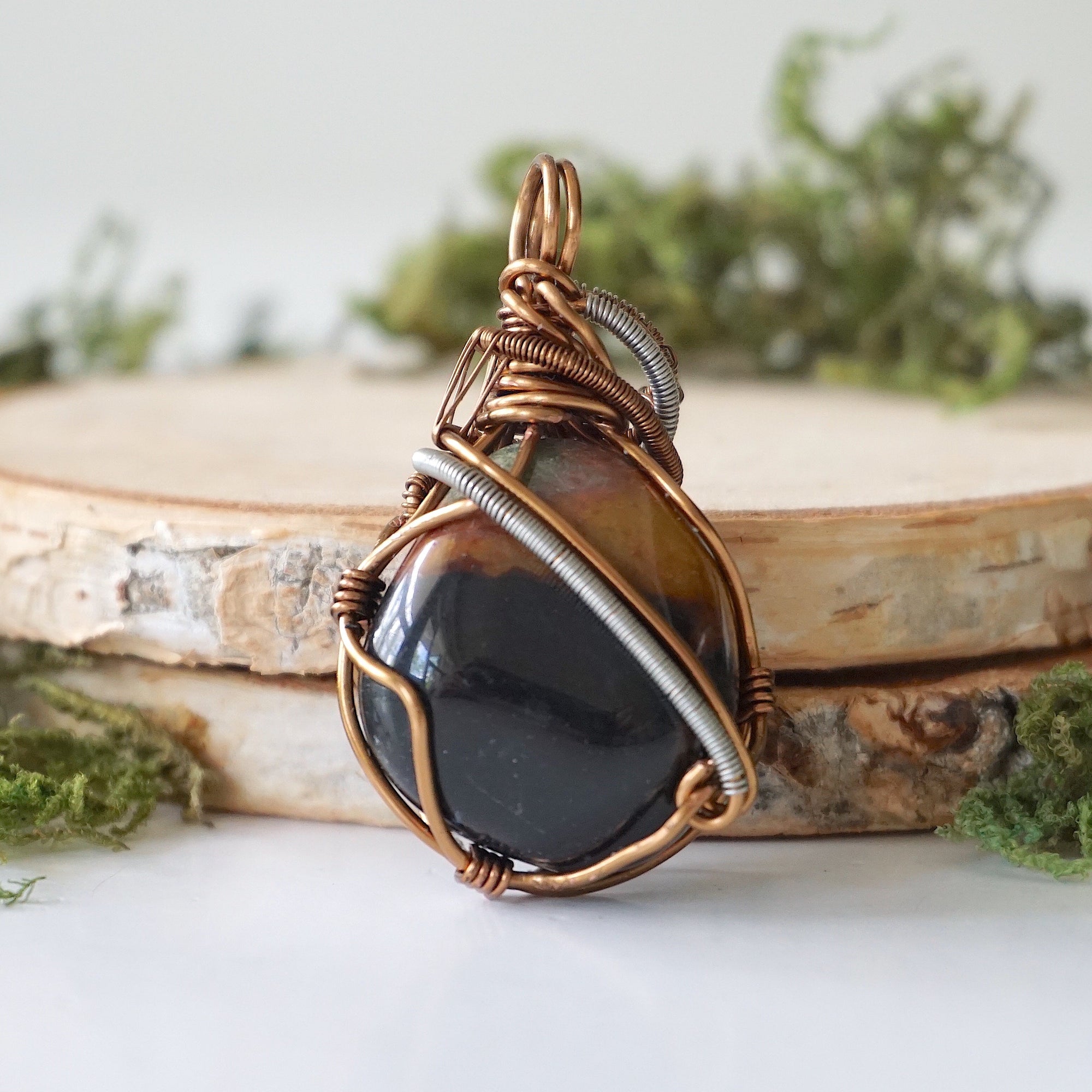 Back view of handcrafted sardonyx necklace – natural stone and wire wrapping detail, August birthstone pendant, Designs by Nature Gems.