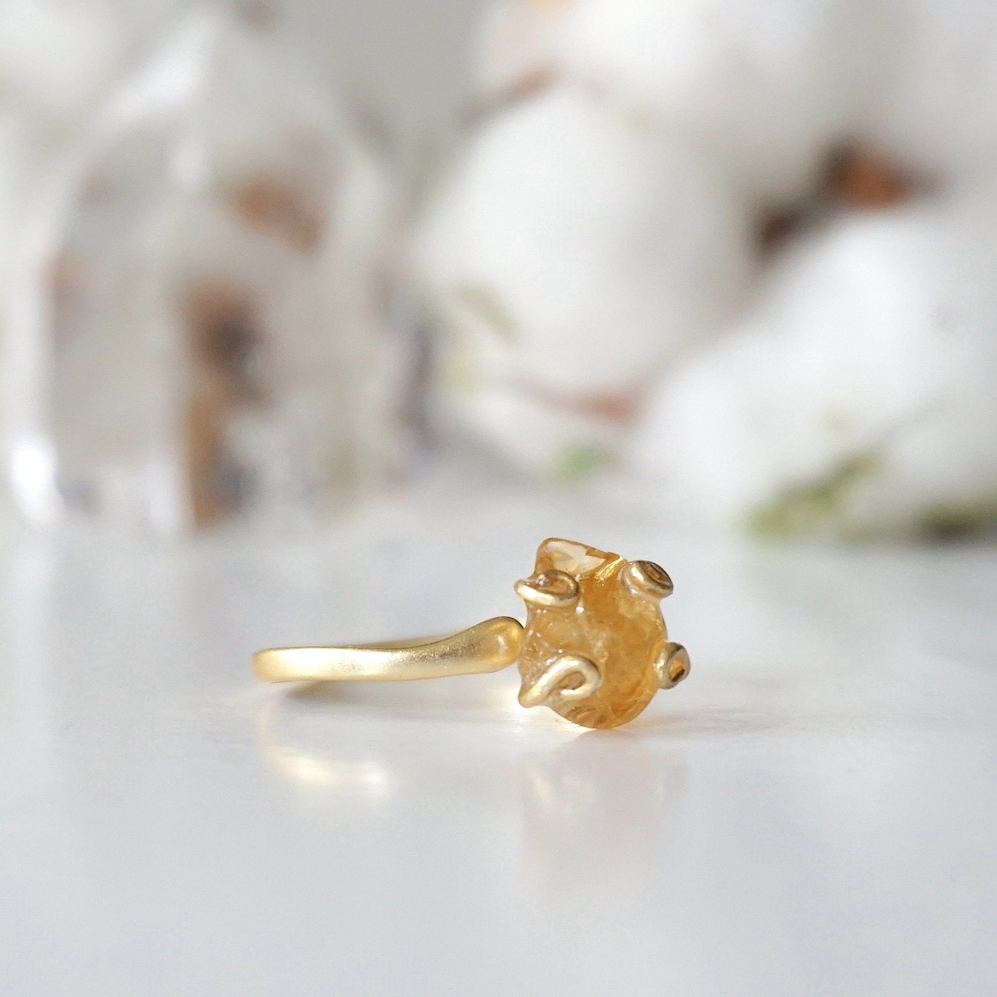 Adjustable citrine ring 14k gold vermeil angle view - natural crystal wire wrapped handmade ring for women showing adjustable band November birthstone