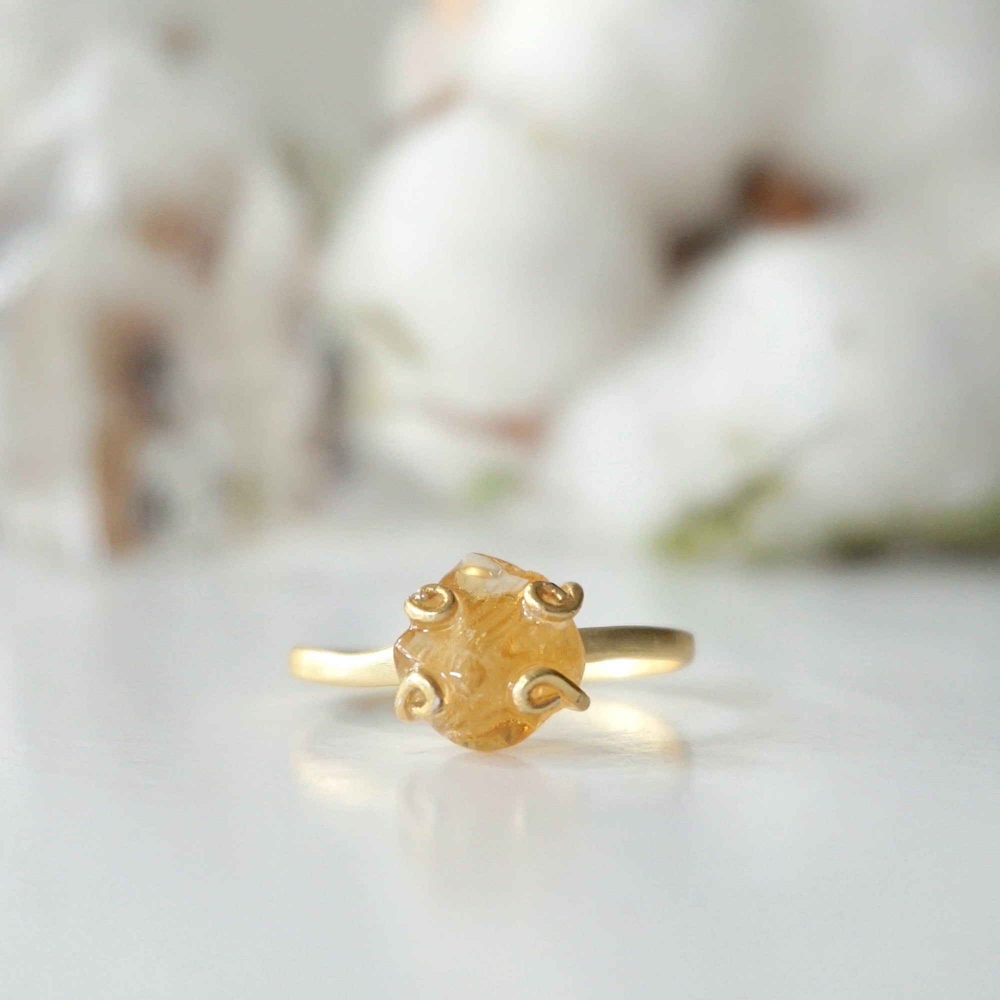 Adjustable citrine ring 14k gold vermeil flat lay closeup - natural crystal wire wrapped handmade ring for women November birthstone detail view
