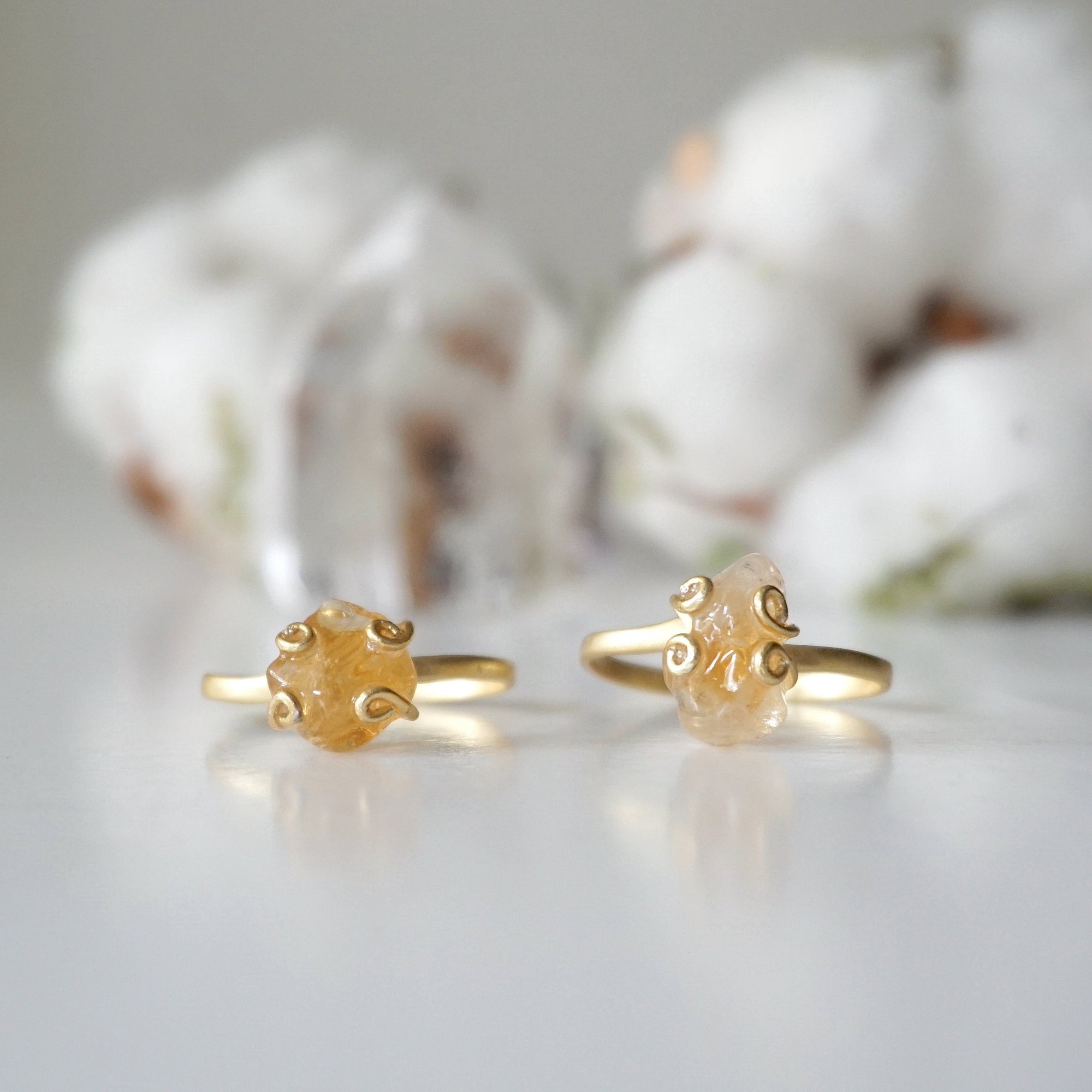 Two adjustable citrine rings 14k gold vermeil showing natural variation - different crystal colors sizes shapes wire wrapped handmade unique one of a kind