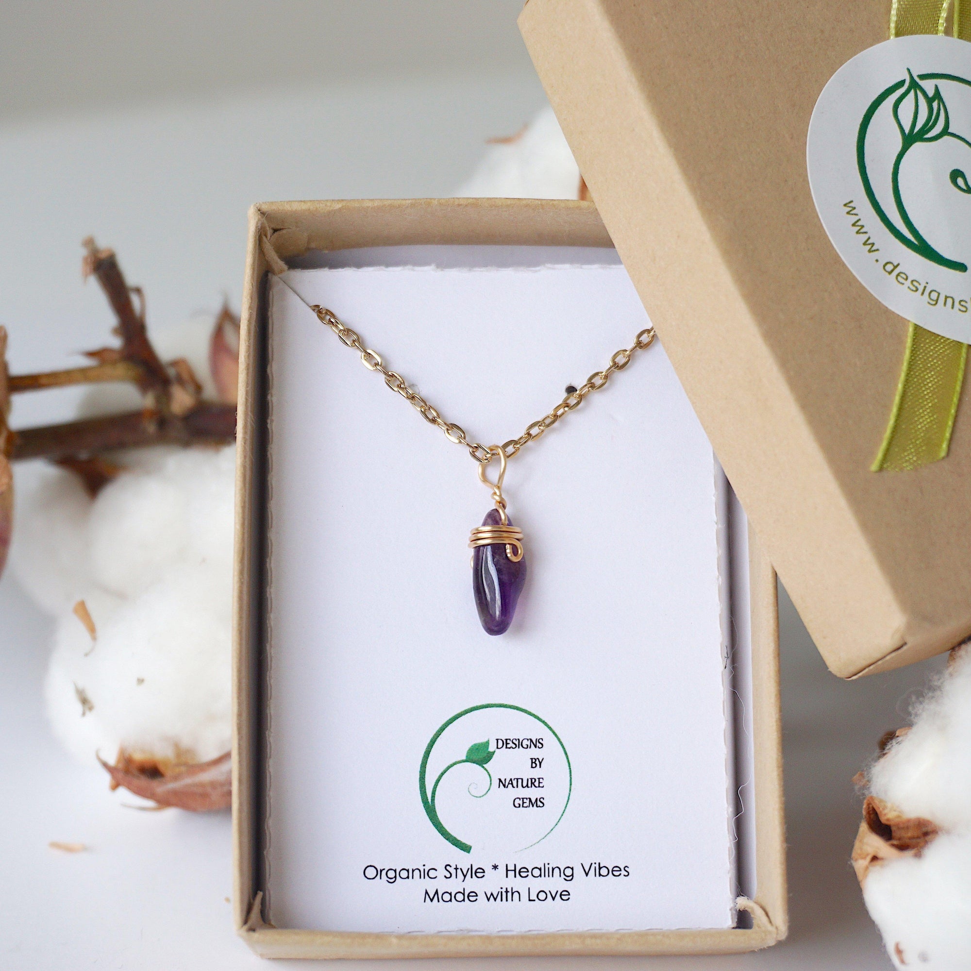 Amethyst Necklace - Gold Plated Brass Charm Designs by Nature Gems