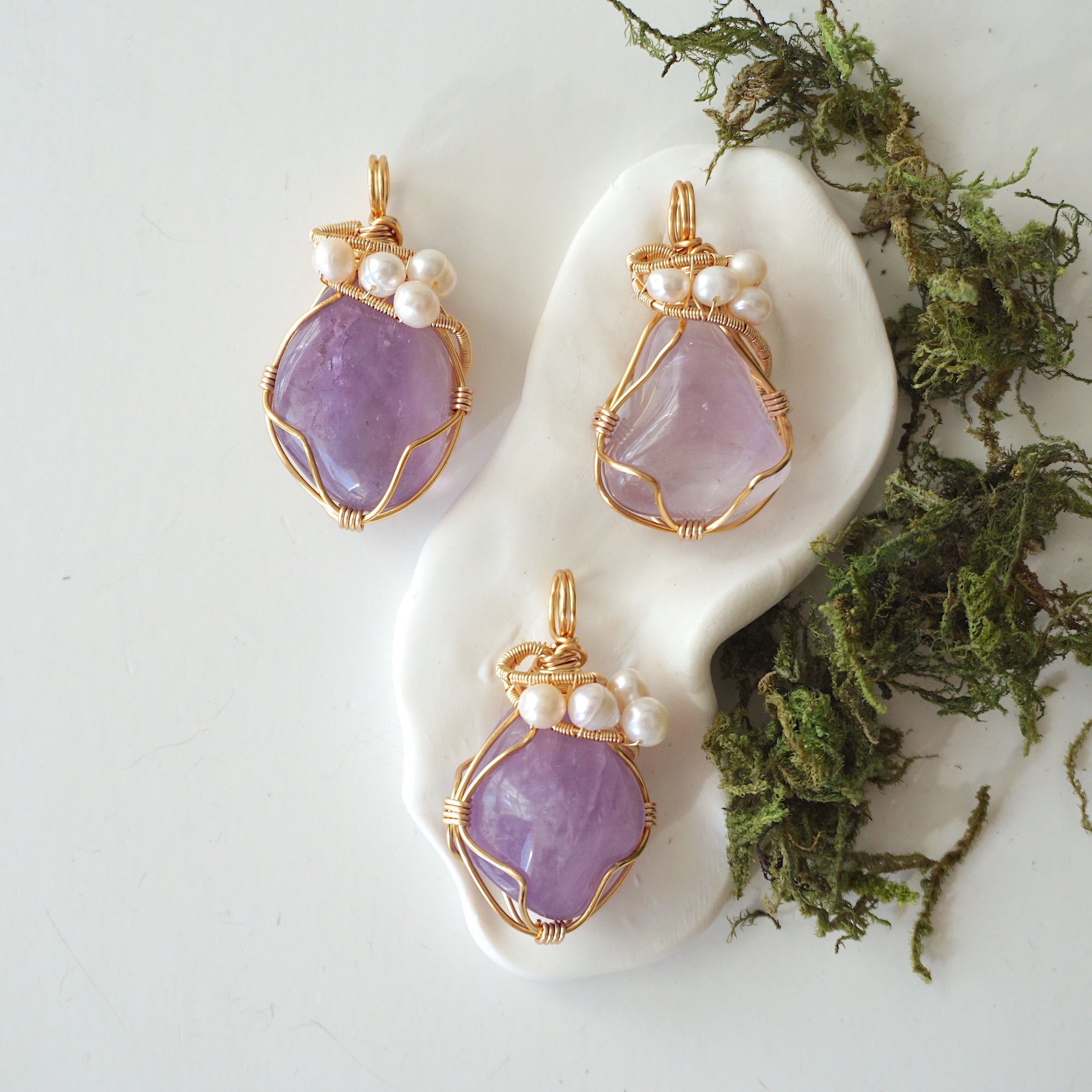 Three different amethyst and freshwater pearl pendants, natural stone variation reference, handmade jewelry
