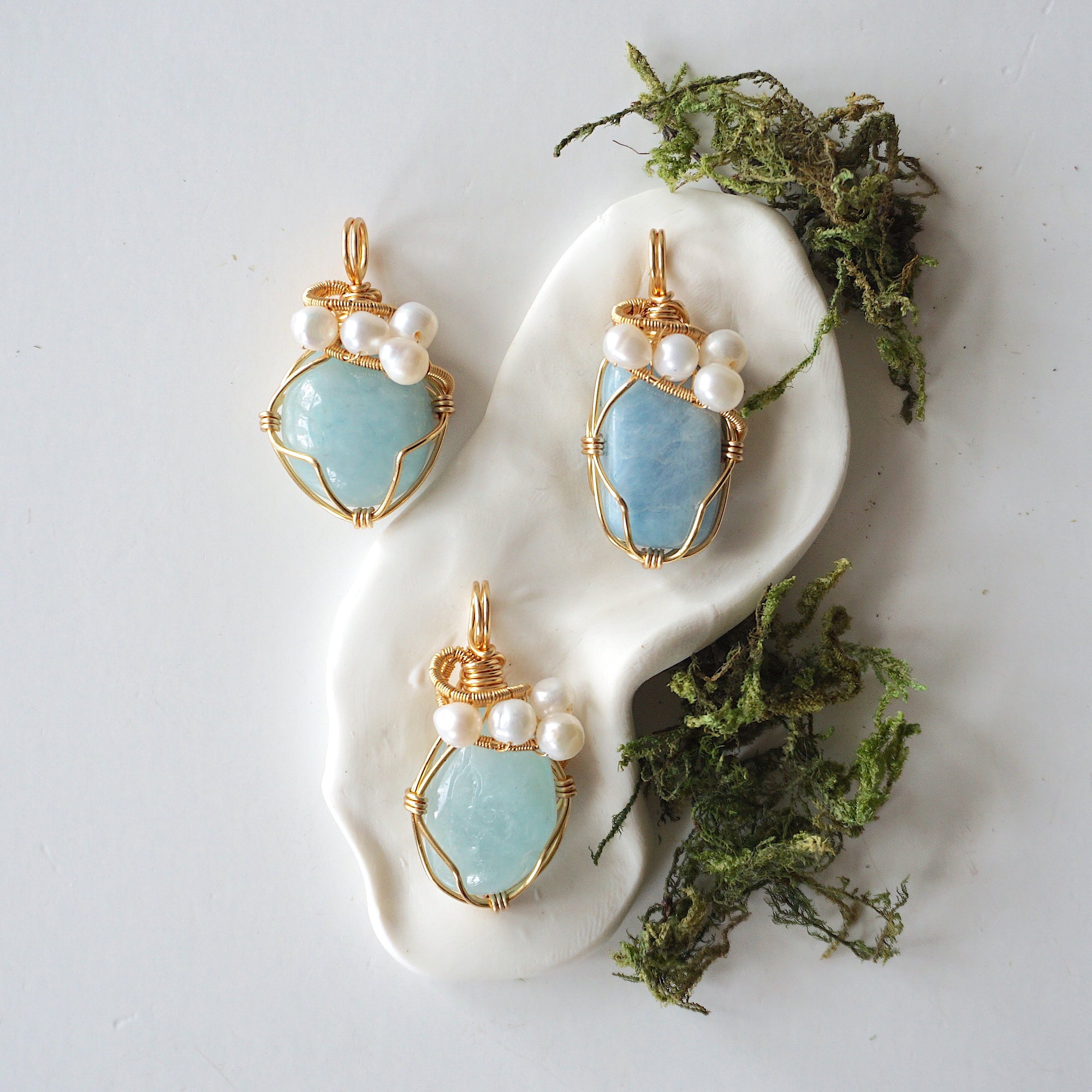 Three different aquamarine and freshwater pearl pendants, natural stone variation reference, handmade jewelry