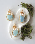 Three different aquamarine and freshwater pearl pendants, natural stone variation reference, handmade jewelry