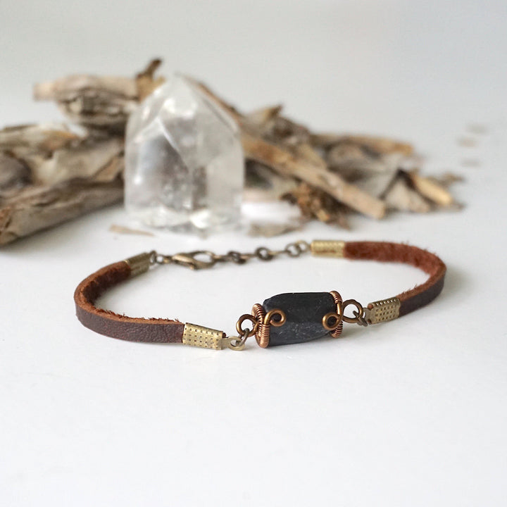 Black Tourmaline Bracelet in Brown Leather Cord Designs by Nature Gems