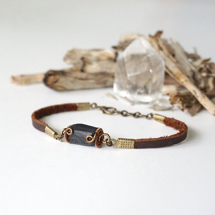 Black Tourmaline Bracelet in Brown Leather Cord Designs by Nature Gems