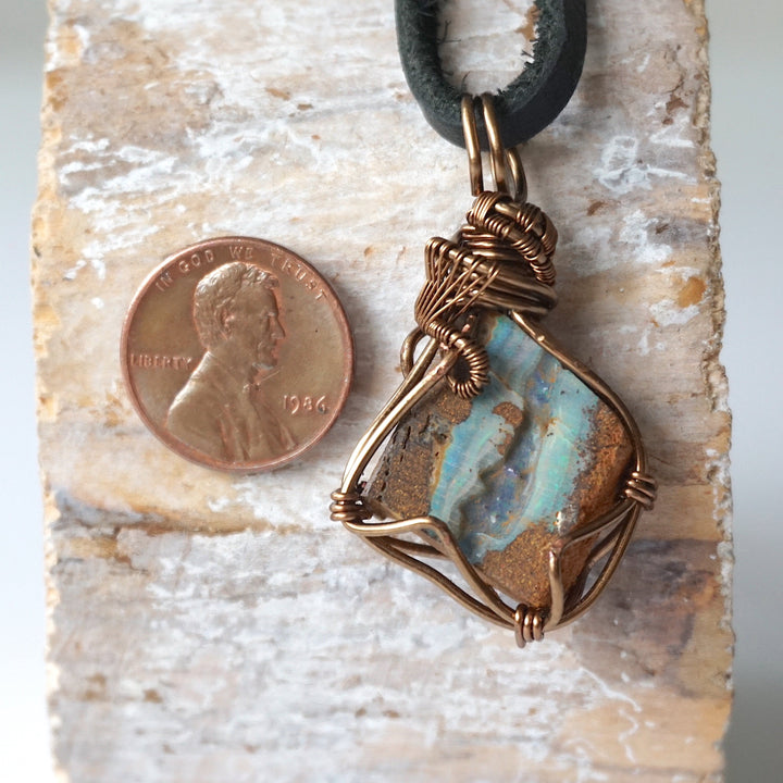 Blue Boulder Opal Pendant Necklace - Antique Brass Designs by Nature Gems