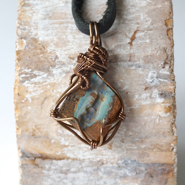 Blue Boulder Opal Pendant Necklace - Antique Brass Designs by Nature Gems