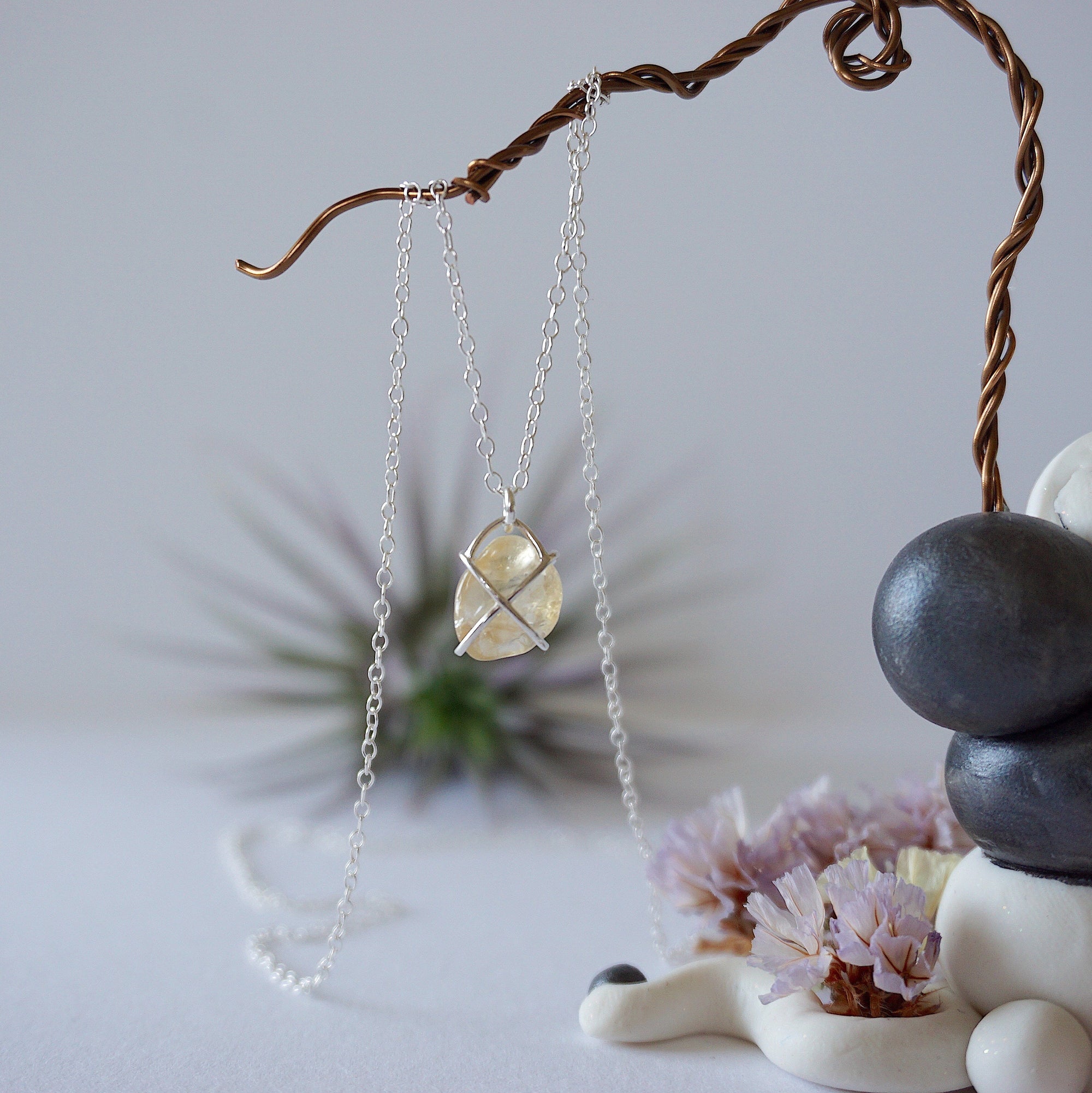 Natural citrine huggie necklace full length showing back of pendant - sterling silver 925 wire wrapped crystal complete necklace back view handmade jewelry