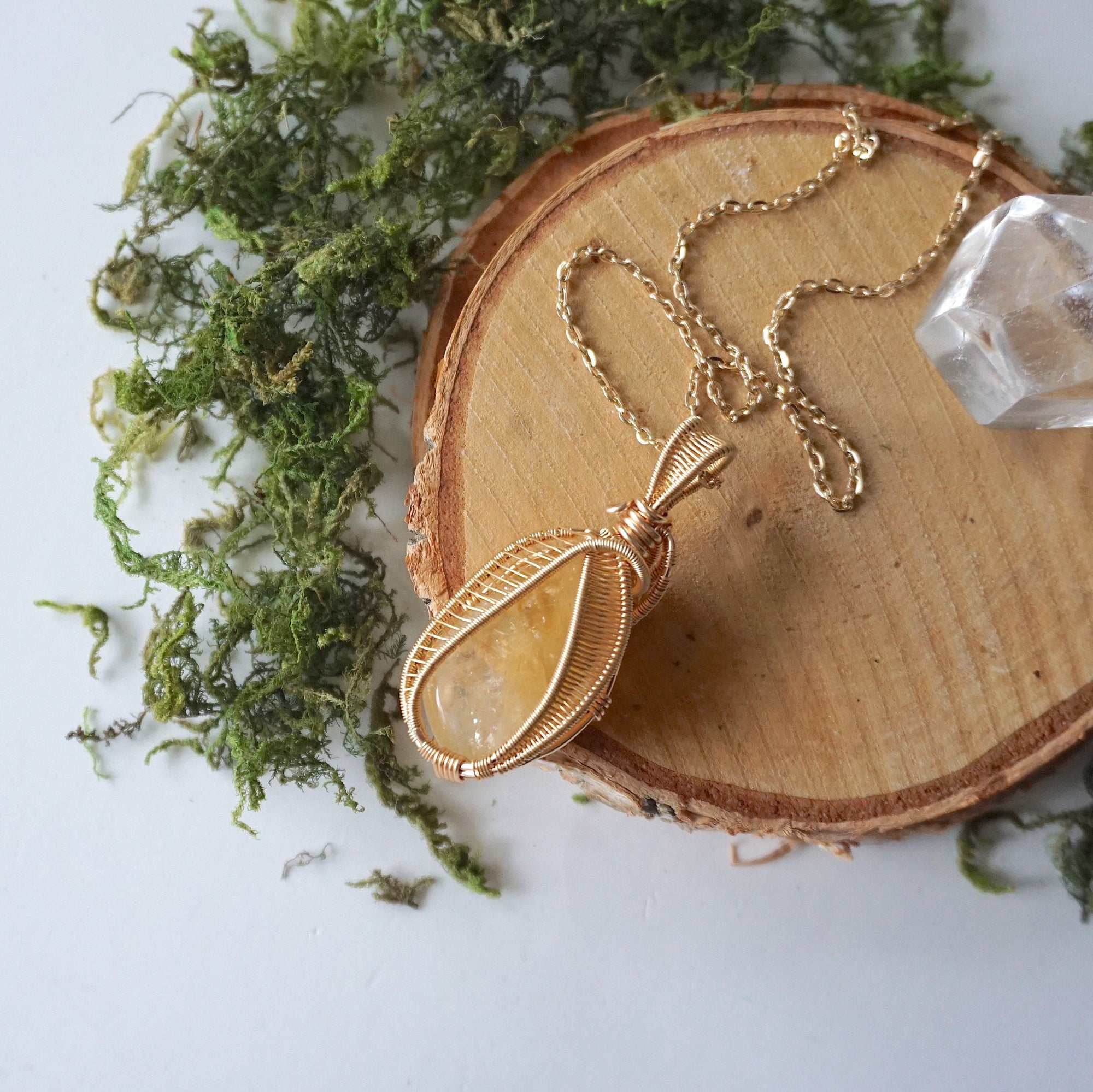 Citrine necklace gold November birthstone pendant gift for her polished crystal wire wrapped handmade by Designs by Nature Gems
