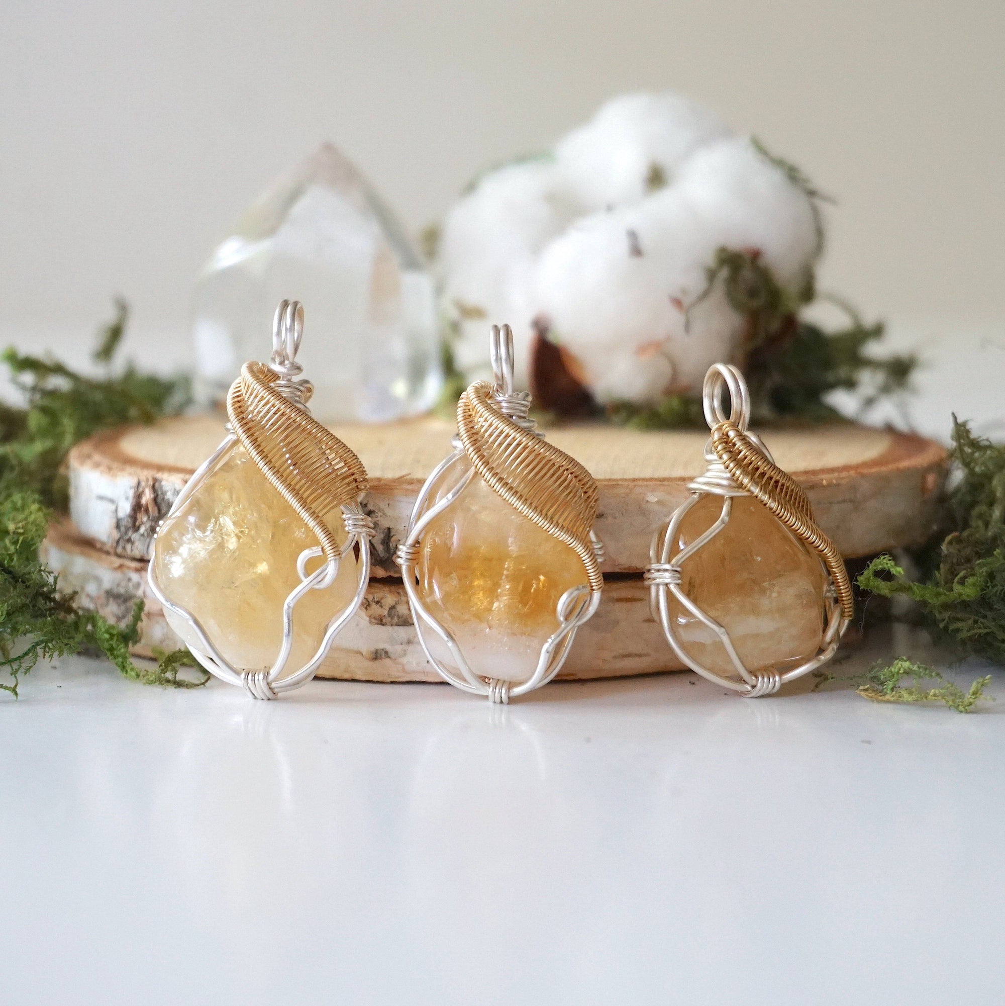 Raw citrine necklace stone variation comparison showing pendant's possible size variations - handcrafted silver gold wire wrapped crystal jewelry
