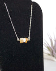 Zoomed right side view of citrine pearl bar pendant showing wire wrapping detail and gemstone arrangement - sterling silver 925 handmade horizontal bar necklace closeup