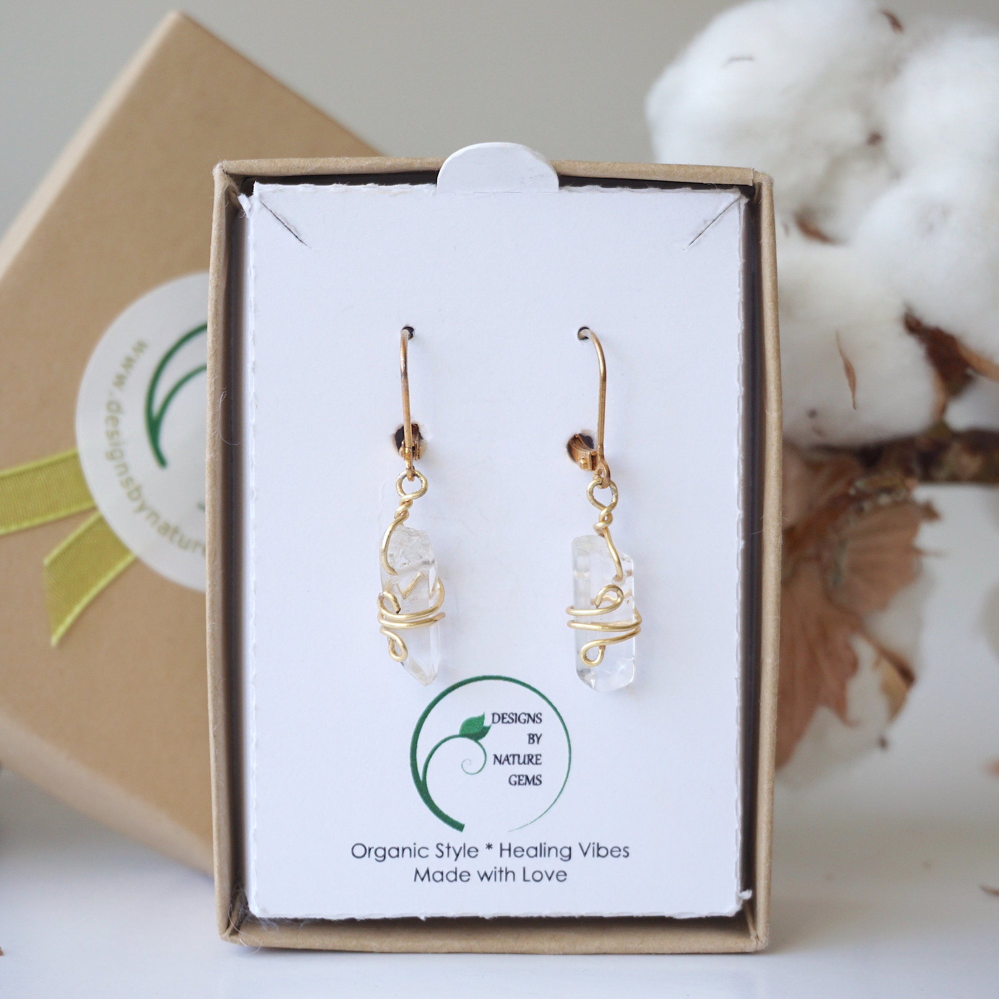 Clear Quartz (Rock Crystal) Drop Earrings - 14k Gold Plated Designs by Nature Gems