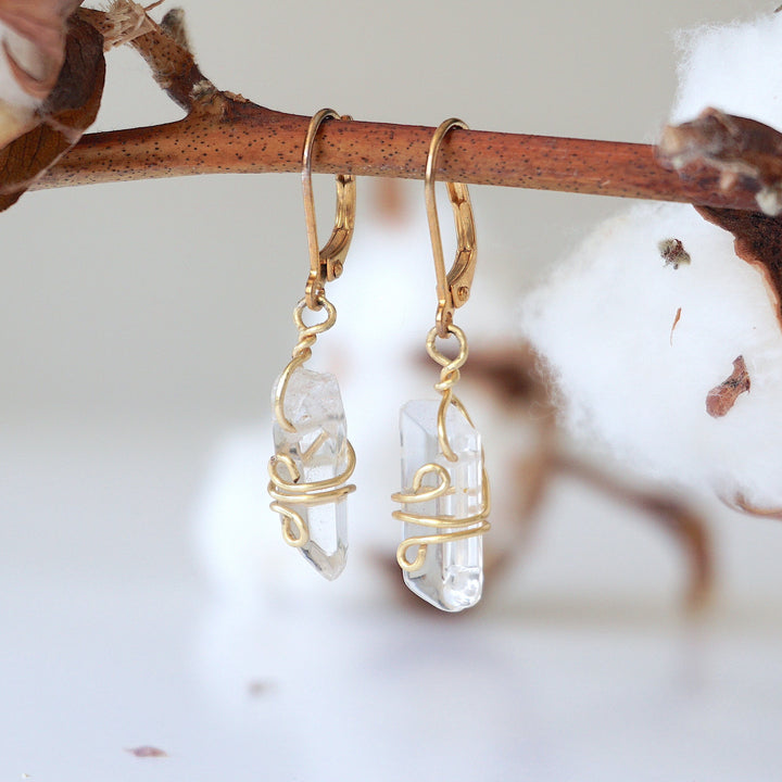 Clear Quartz (Rock Crystal) Drop Earrings - 14k Gold Plated Designs by Nature Gems