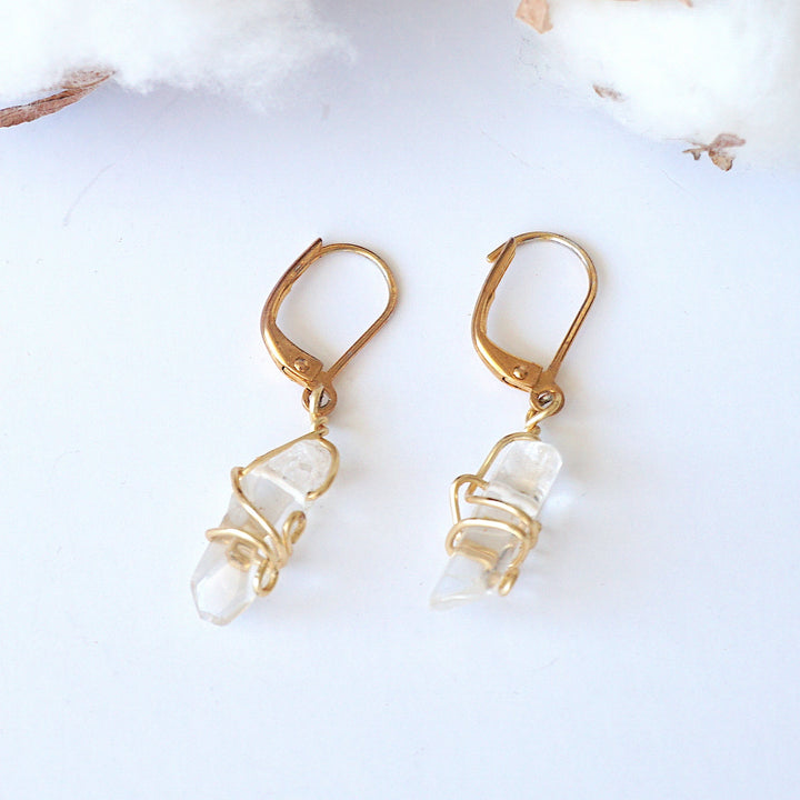 Clear Quartz (Rock Crystal) Drop Earrings - 14k Gold Plated Designs by Nature Gems
