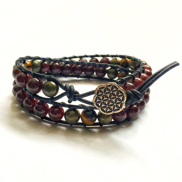 Garnet Bracelet and Tiger's Eye Leather Wrap Bracelet - Prosperity & Fortitude DesignsbyNatureGems