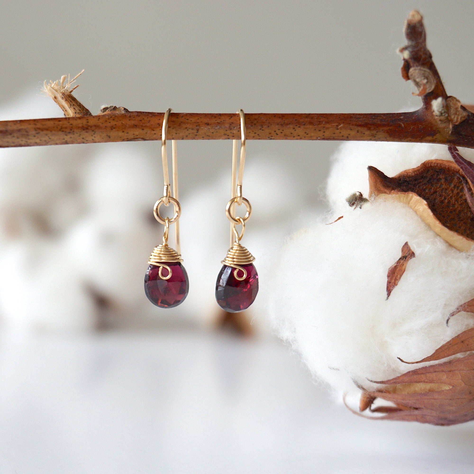 Garnet Drop Earrings - 14k Gold Filled Metal Designs by Nature Gems