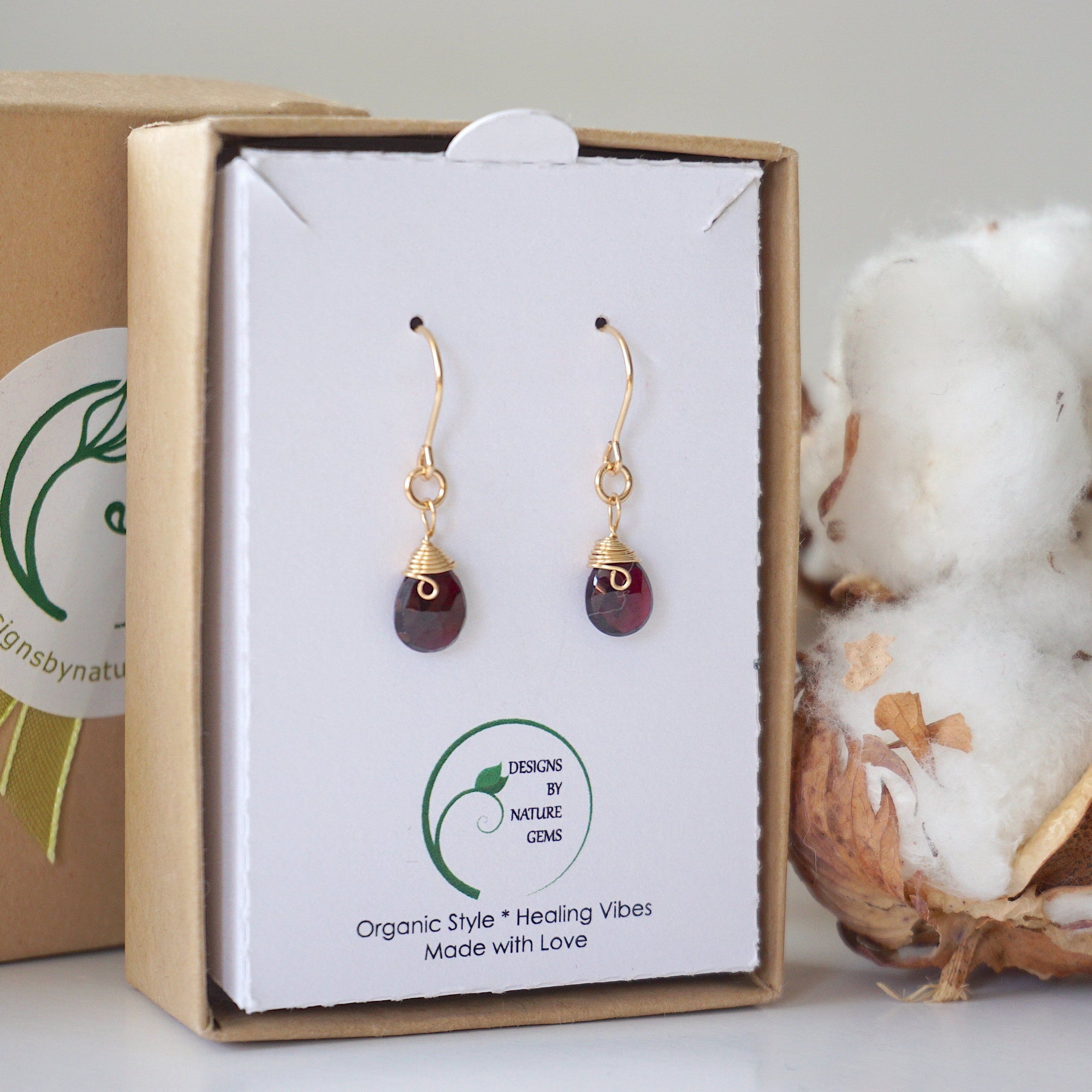 Garnet Drop Earrings - 14k Gold Filled Metal Designs by Nature Gems