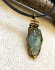 Gold and Antique Bronze Wire Wrapped Raw Green Kyanite Pendant Necklace DesignsbyNatureGems