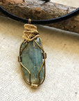 Gold and Antique Bronze Wire Wrapped Raw Green Kyanite Pendant Necklace DesignsbyNatureGems