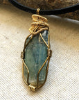 Gold and Antique Bronze Wire Wrapped Raw Green Kyanite Pendant Necklace DesignsbyNatureGems