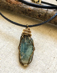 Gold and Antique Bronze Wire Wrapped Raw Green Kyanite Pendant Necklace DesignsbyNatureGems