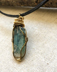 Gold and Antique Bronze Wire Wrapped Raw Green Kyanite Pendant Necklace DesignsbyNatureGems