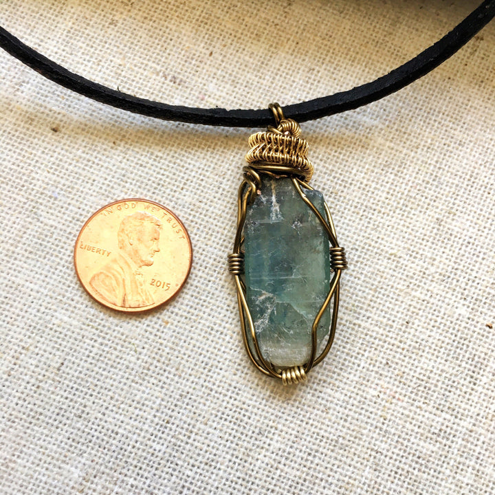 Gold and Antique Bronze Wire Wrapped Raw Green Kyanite Pendant Necklace DesignsbyNatureGems