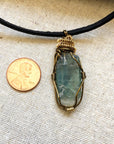 Gold and Antique Bronze Wire Wrapped Raw Green Kyanite Pendant Necklace DesignsbyNatureGems