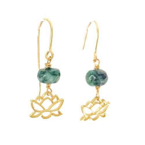 Gold Lotus and Raw Emerald Drop Earrings DesignsbyNatureGems