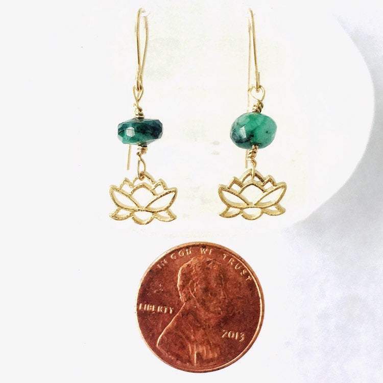 Gold Lotus and Raw Emerald Drop Earrings DesignsbyNatureGems