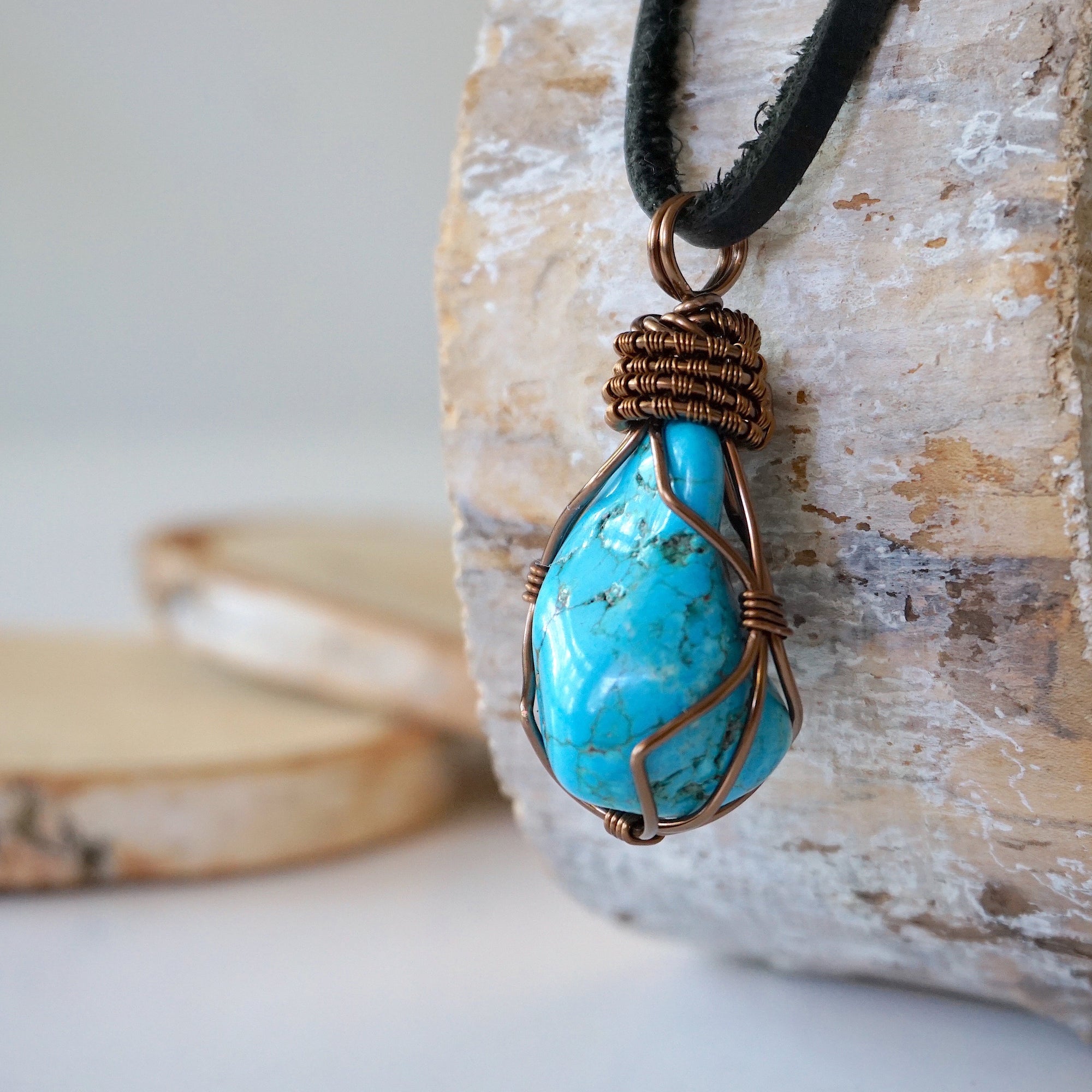 Handmade turquoise necklace for men antique copper wire wrap left side detail