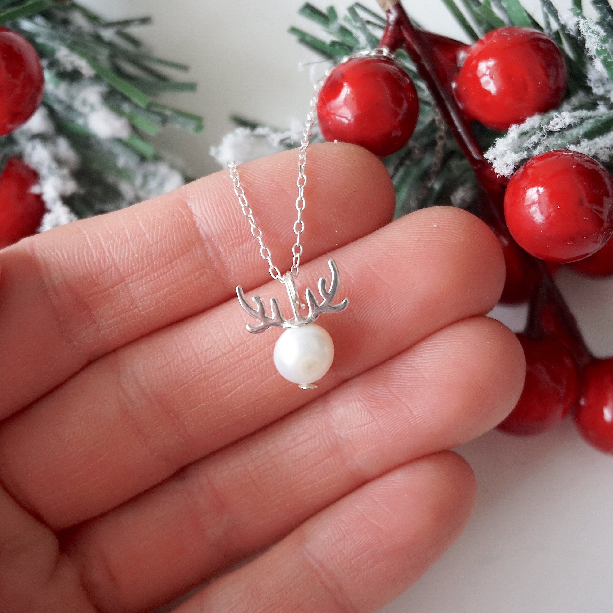 Holiday Reindeer Necklace: Pearl and Sterling Silver Designs by Nature Gems