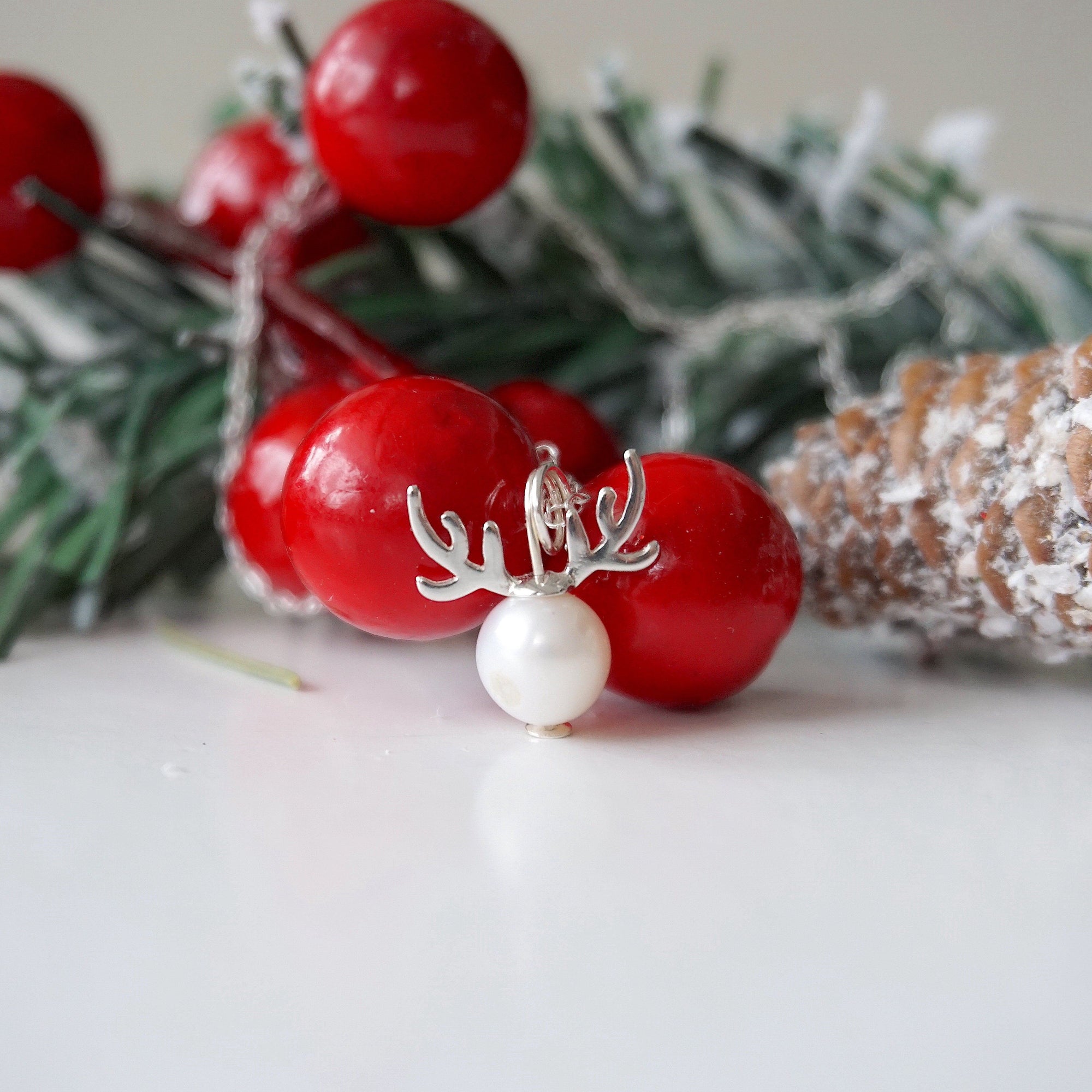 Holiday Reindeer Necklace: Pearl and Sterling Silver Designs by Nature Gems