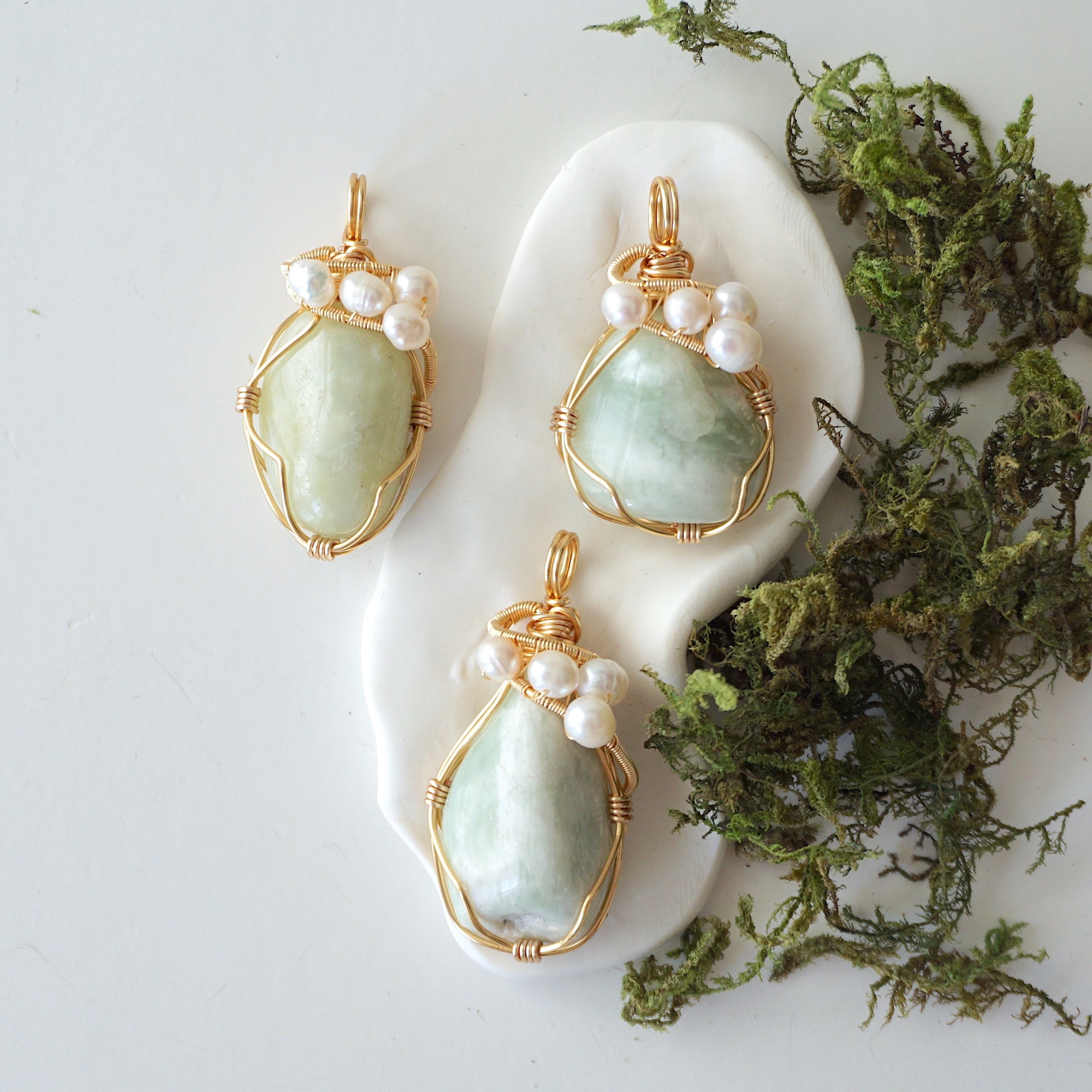 Three different jade and freshwater pearl pendants, natural stone variation reference, handmade jewelry