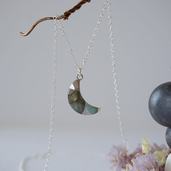 Labradorite Sterling Silver Moon Charm Necklace Designs by Nature Gems