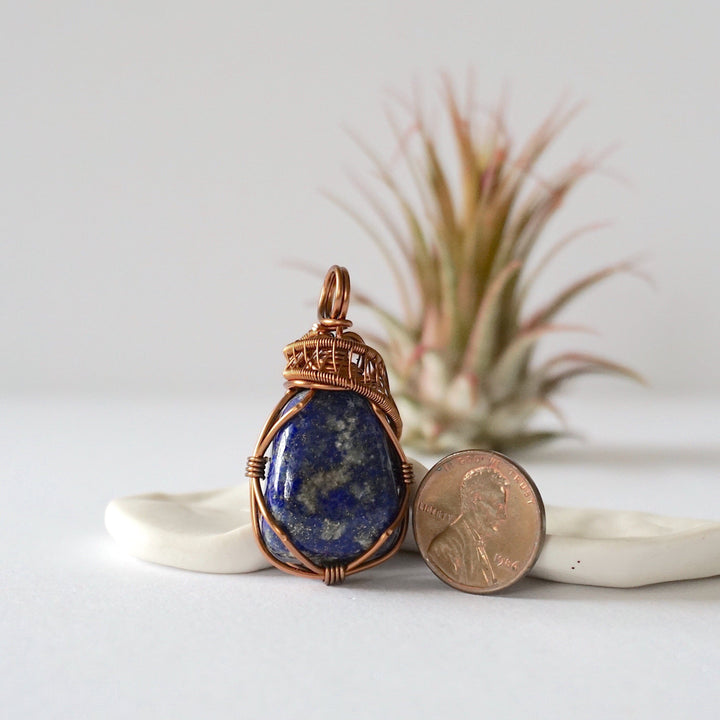 Lapis Lazuli Crystal Necklace - Antique Bronze Wire Wrapped Pendant DesignsbyNatureGems