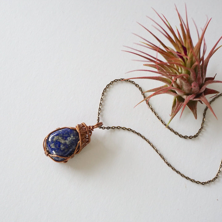 Lapis Lazuli Crystal Necklace - Antique Bronze Wire Wrapped Pendant DesignsbyNatureGems