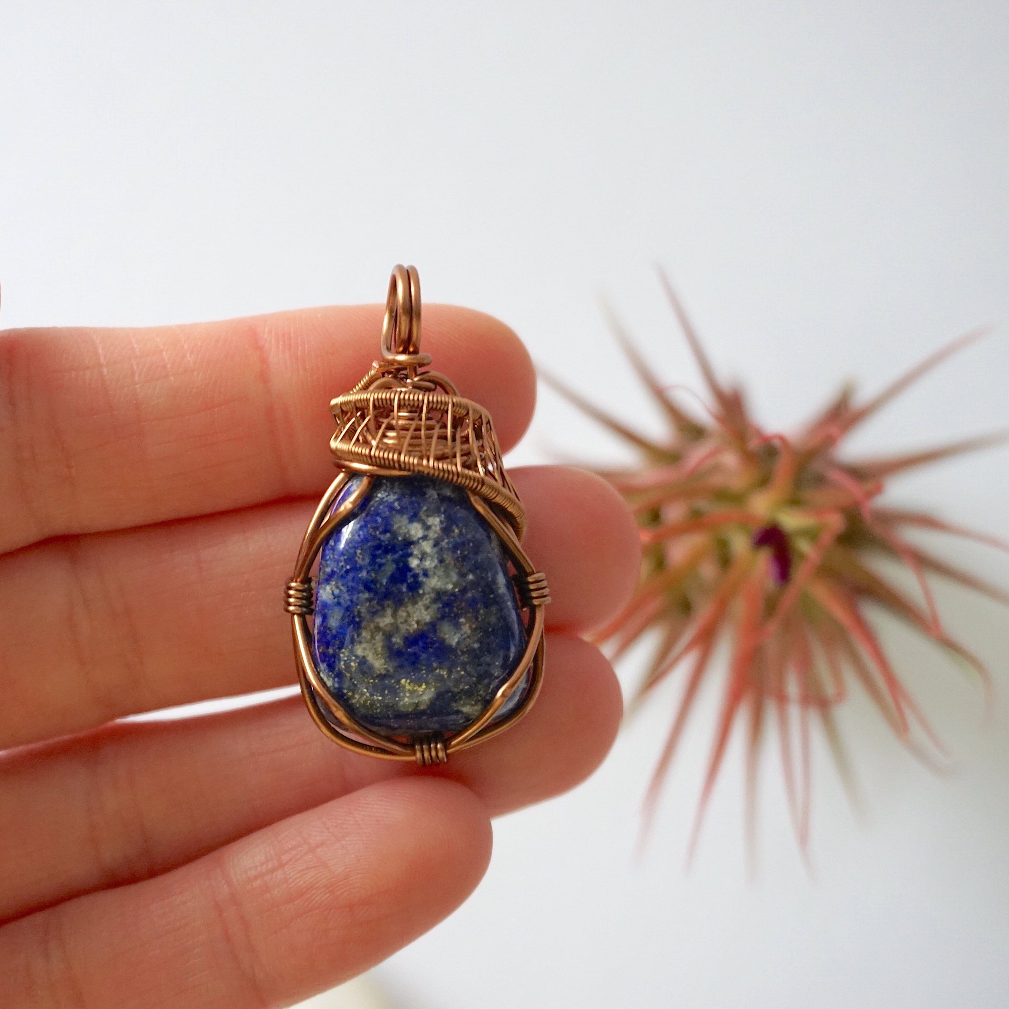 Lapis Lazuli Crystal Necklace - Antique Bronze Wire Wrapped Pendant DesignsbyNatureGems