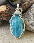 Men's 0925 Sterling Silver Wire Wrapped Aquamarine Pendant Necklace DesignsbyNatureGems